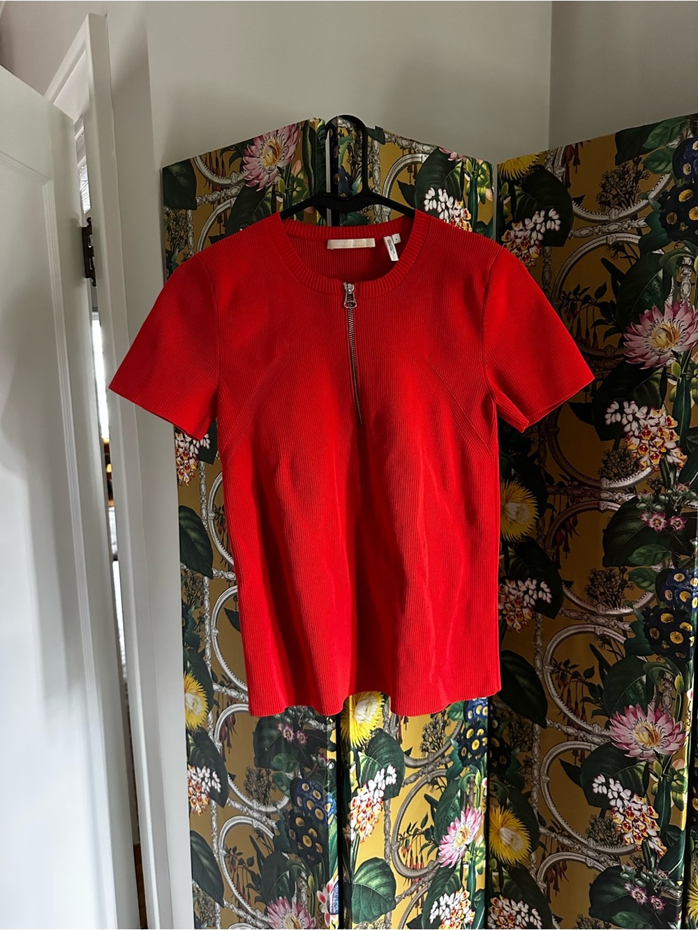 Helmut Lang Essential Zip T Shirt Red Short-Sleeve Zip-Front Tee Large L